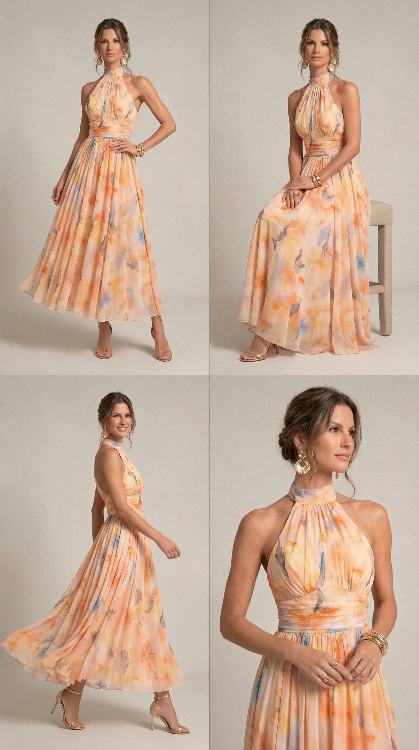 Vestido de Cuello Halter con Estampado de Acuarela