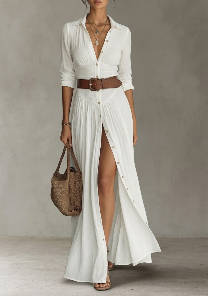 Vestido largo para mujer con cuello vuelto y mangas largas de lino