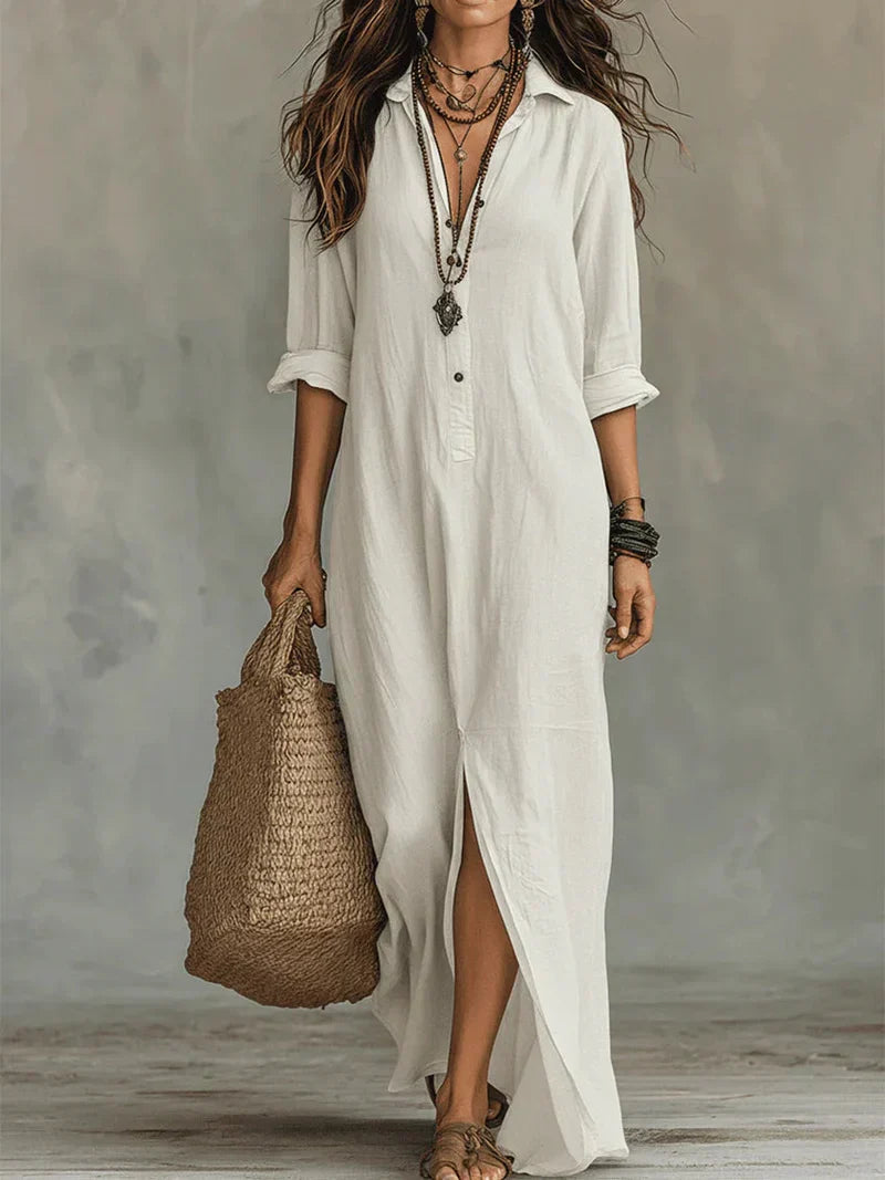 VALEN | Vestido Largo de Lino con Abertura, ideal para el día a día