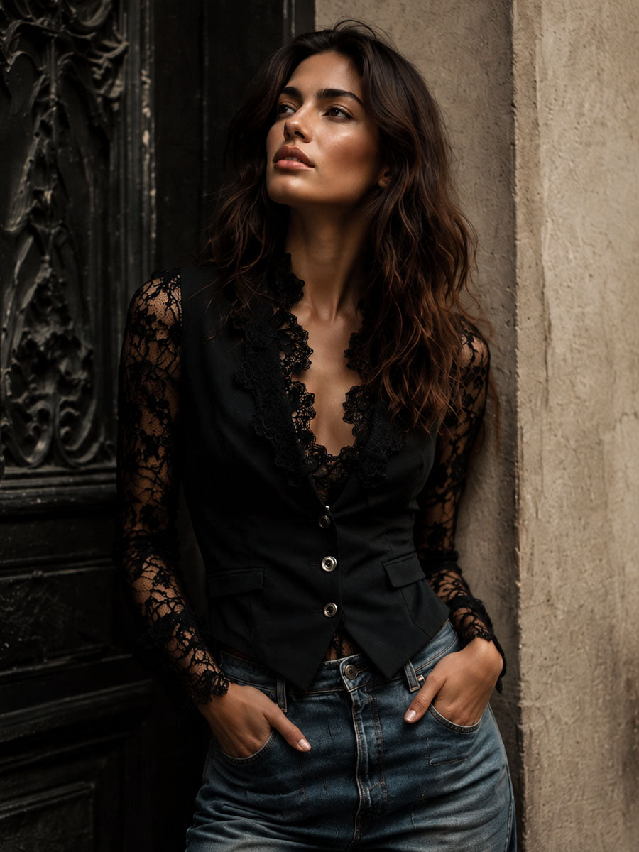 Noemi | Top blazer negro con mangas semitransparentes