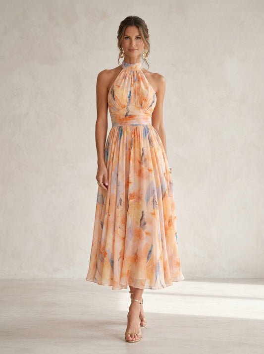 Vestido de Cuello Halter con Estampado de Acuarela