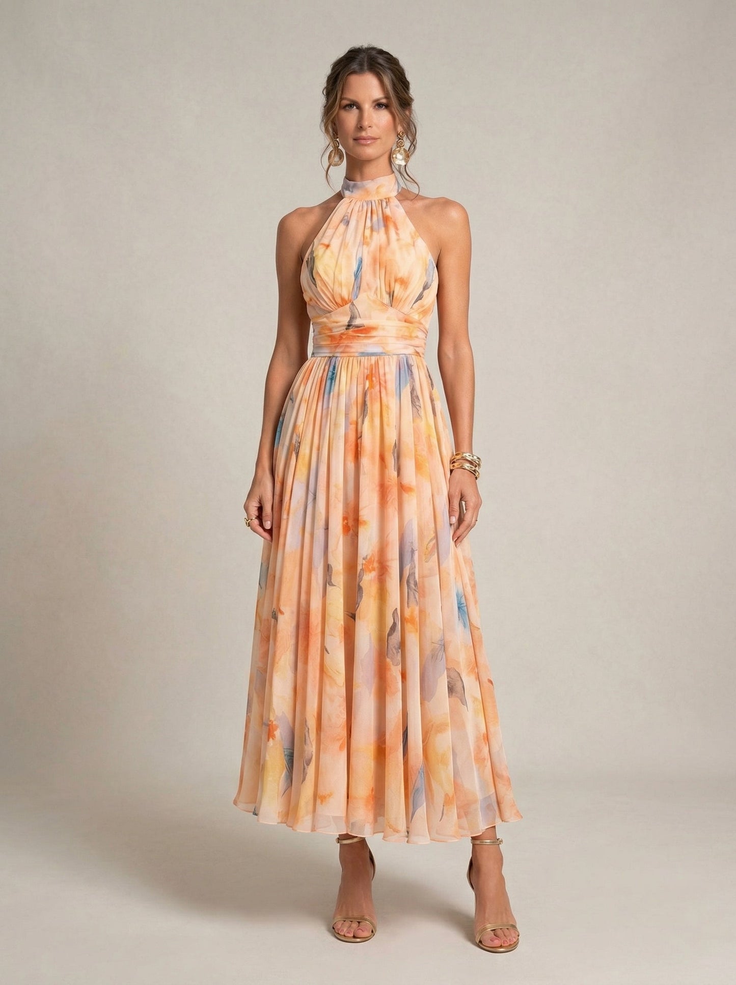 Vestido de Cuello Halter con Estampado de Acuarela
