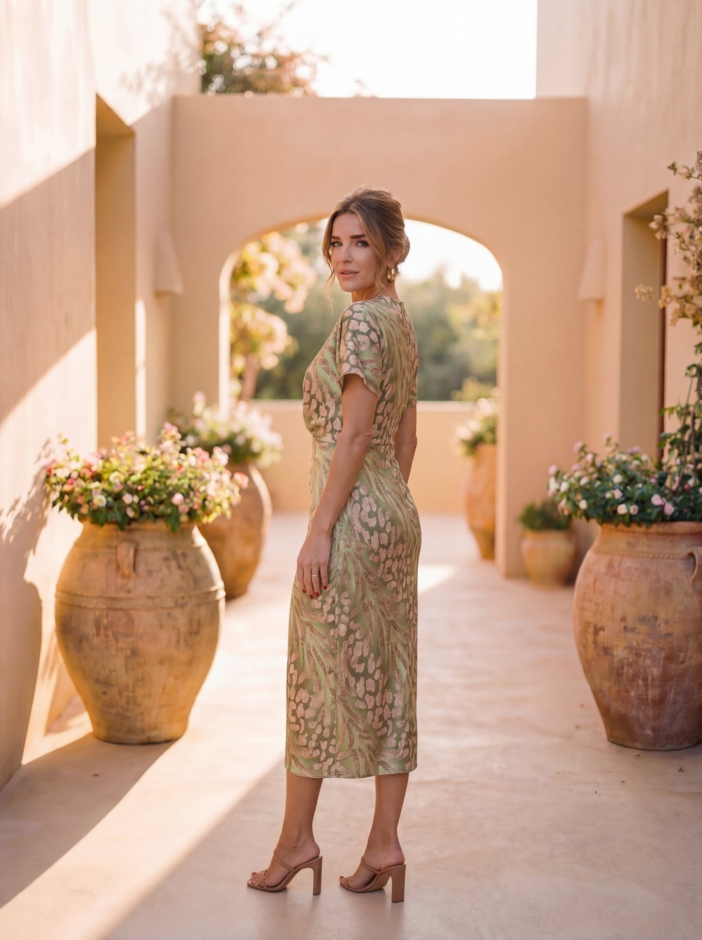 Vestido midi efecto estilizador con nudo central y caída fluida