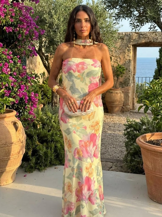 Vestido Largo Strapless Floral Acuarela