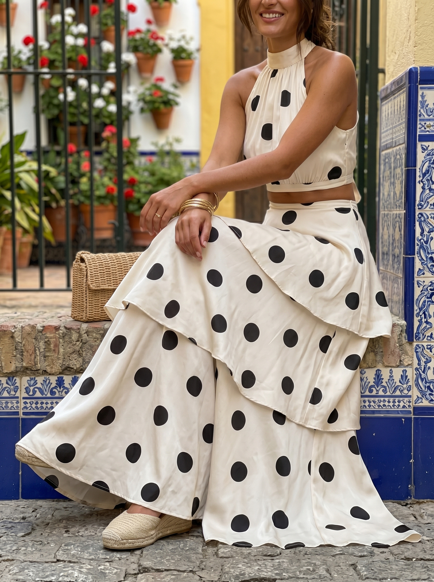 Conjunto top y falda larga de lunares