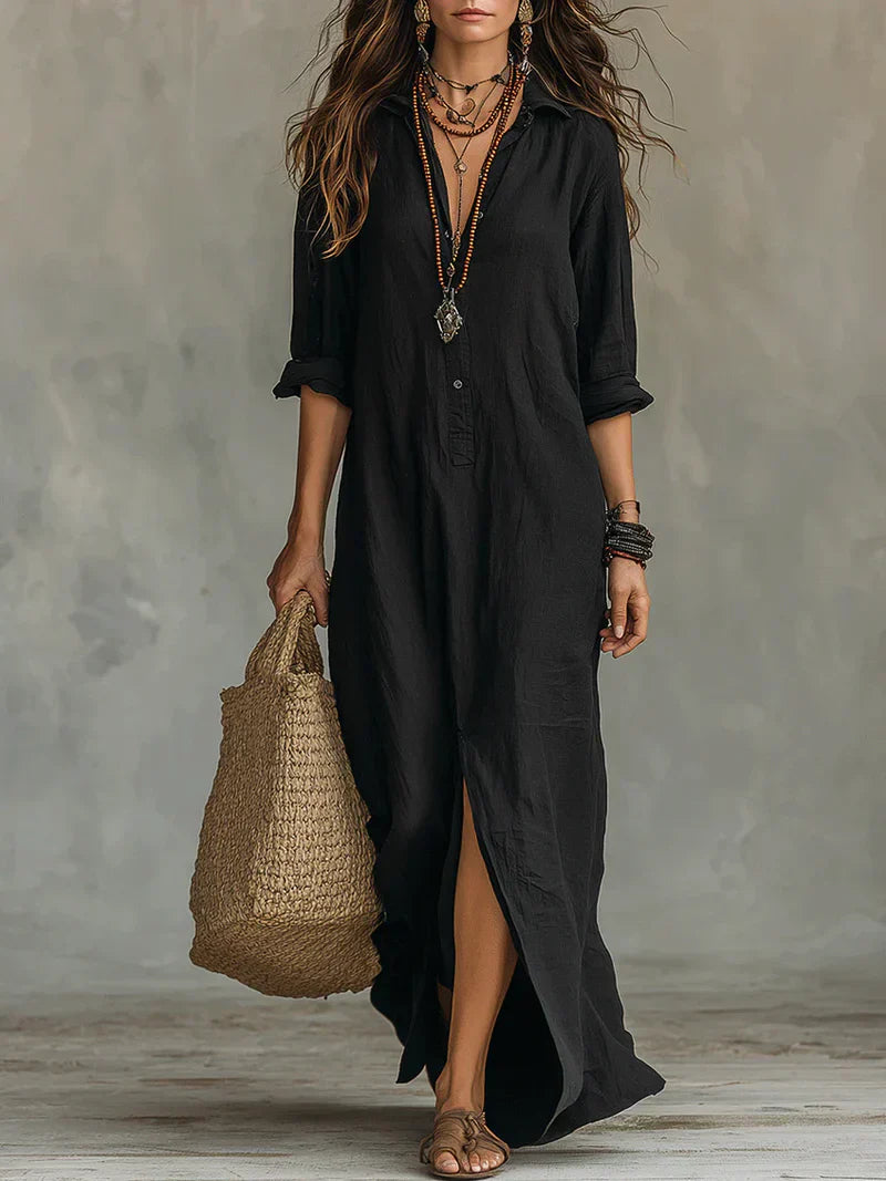 VALEN | Vestido Largo de Lino con Abertura, ideal para el día a día