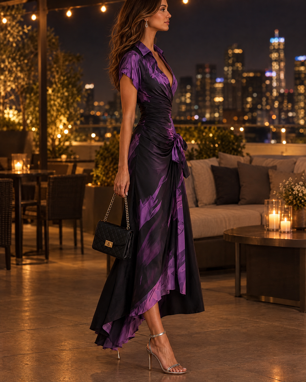 Andréa vestido largo cruzado color morado - vista lateral