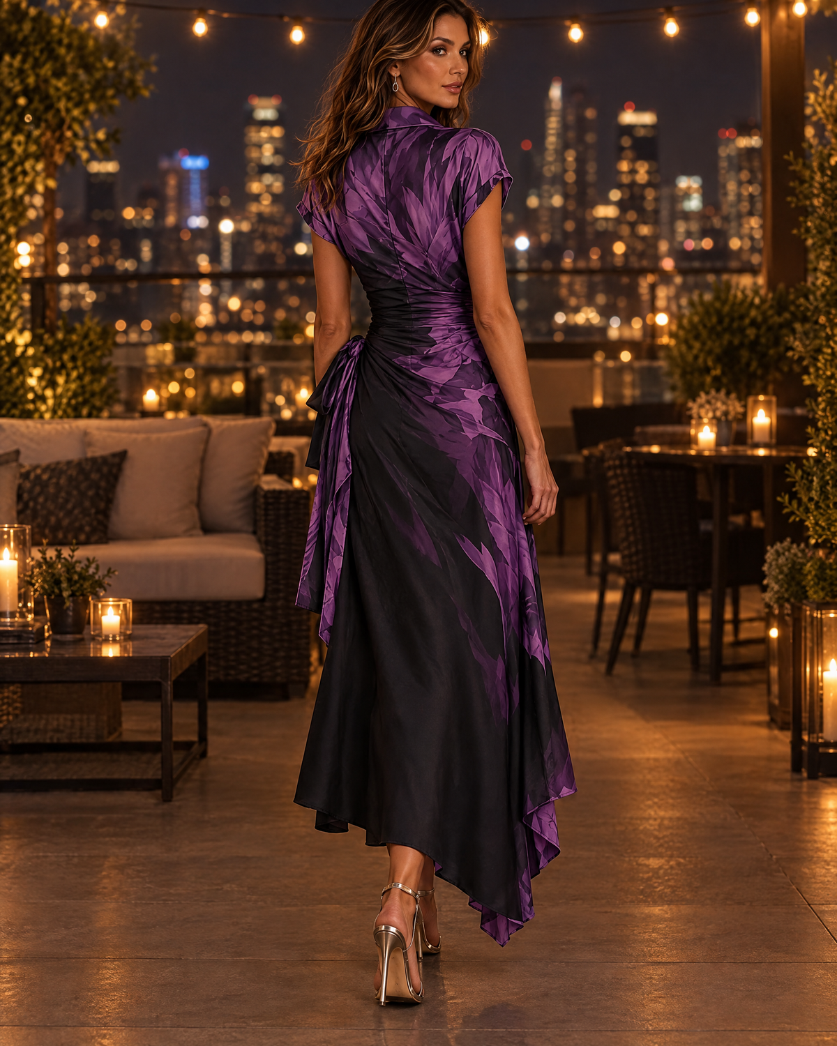 Andréa vestido largo cruzado color morado - vista trasera